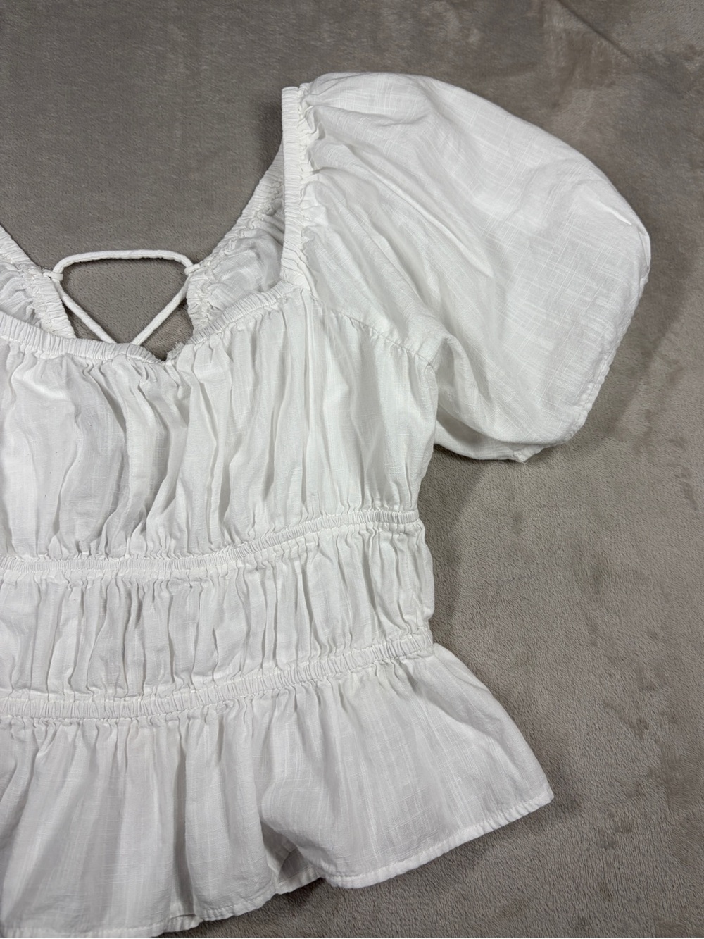 Free People White 100% Cotton Cropped Puff Sleeve Lace Up Blouse Top Size Large - Picture 5 of 16